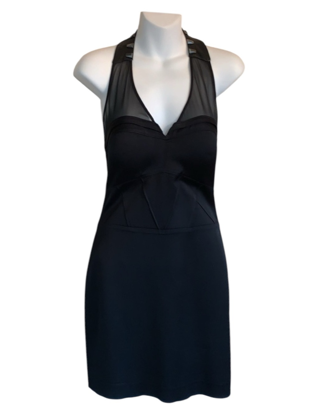Faith Connection Dress Women's M, Black mini studded leather halter, zip LBD EUC